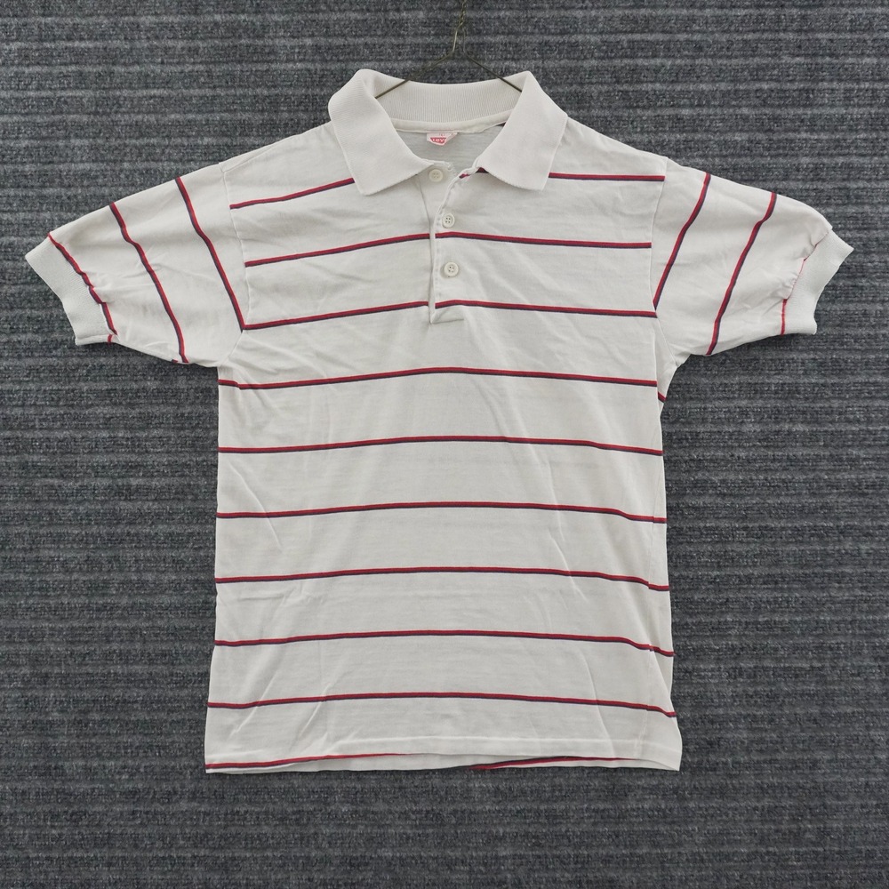 Vintage 80s Levi's Polo Shirt Mens L White Striped Short Sleeve Pique